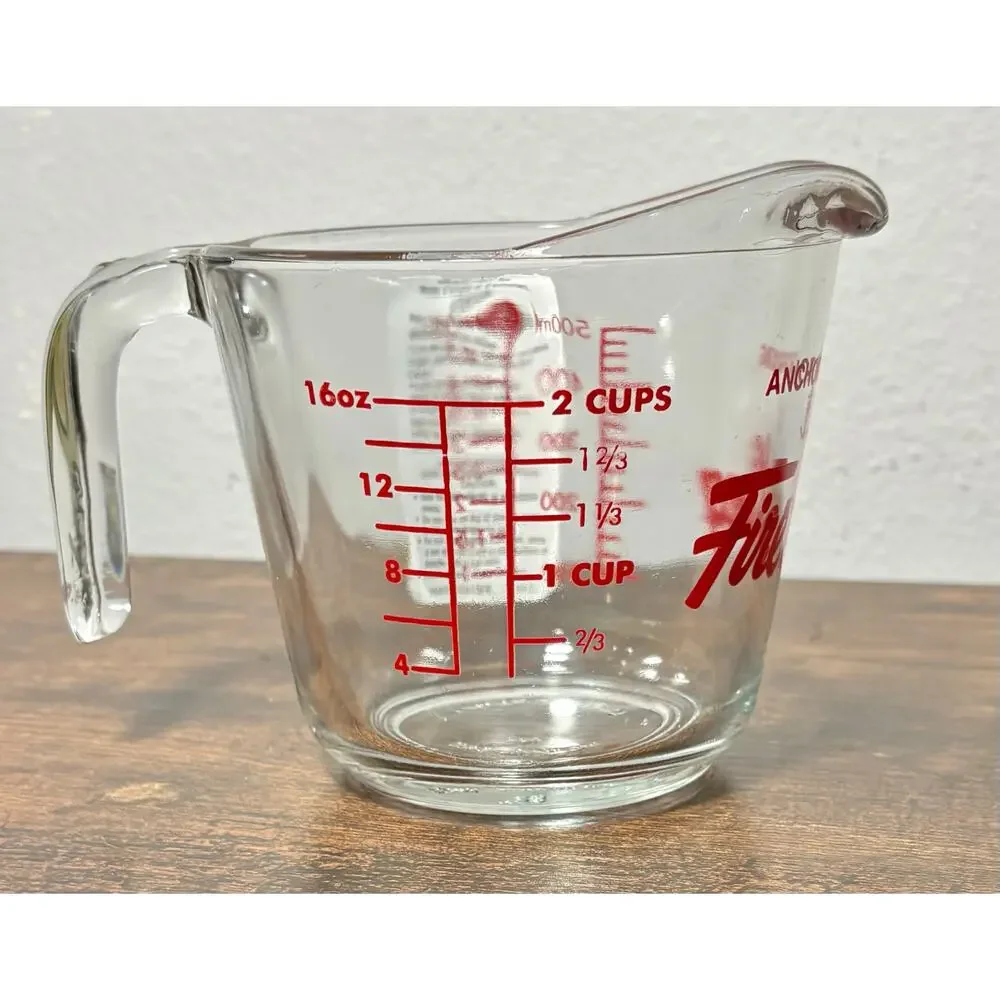 NWT Vtg Fire King 2 Cup 16oz 500ml Glass Measuring Cup Open Handle Red Letters
